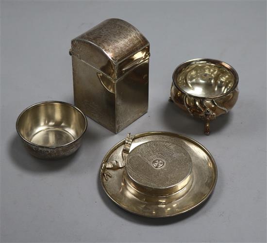 A George V silver card box, a silver dish, a hat shaped ash tray and a bowl,